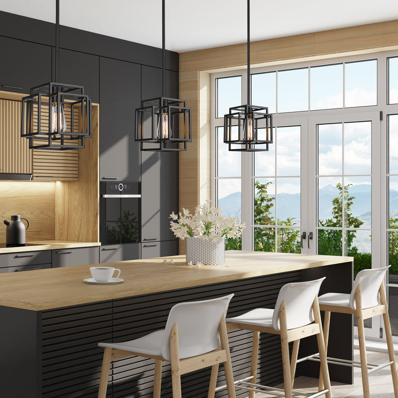 Titania 1 Light 8.5" Pendant in Matte Black in a room setting