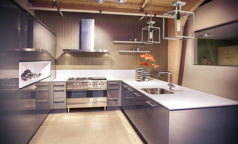 Quadra 1 Light 8" Pendant in Brushed Nickel + Matte Black in a room setting
