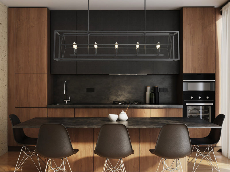 Euclid 10 Light 56" Linear Pendant in Matte Black in a room setting