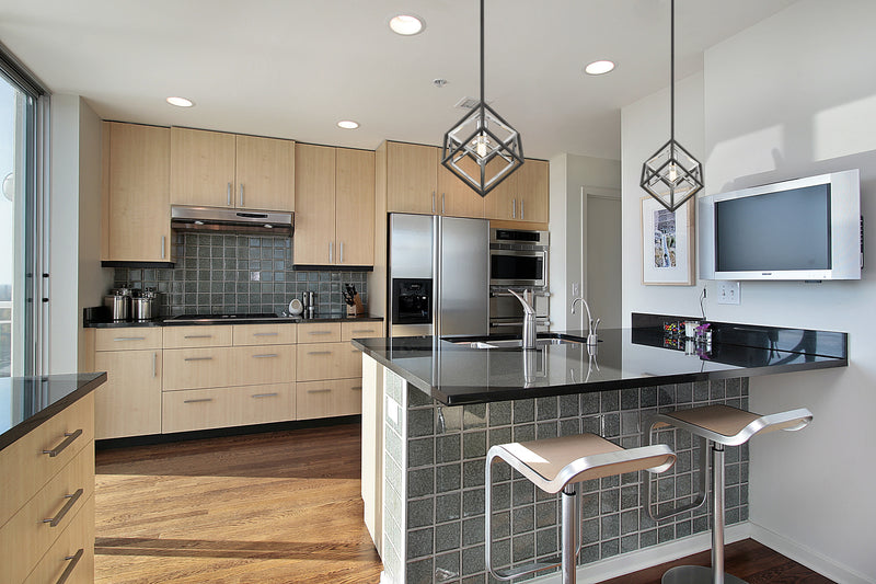 Euclid 1 Light 12" Pendant in Chrome + Matte Black in a room setting