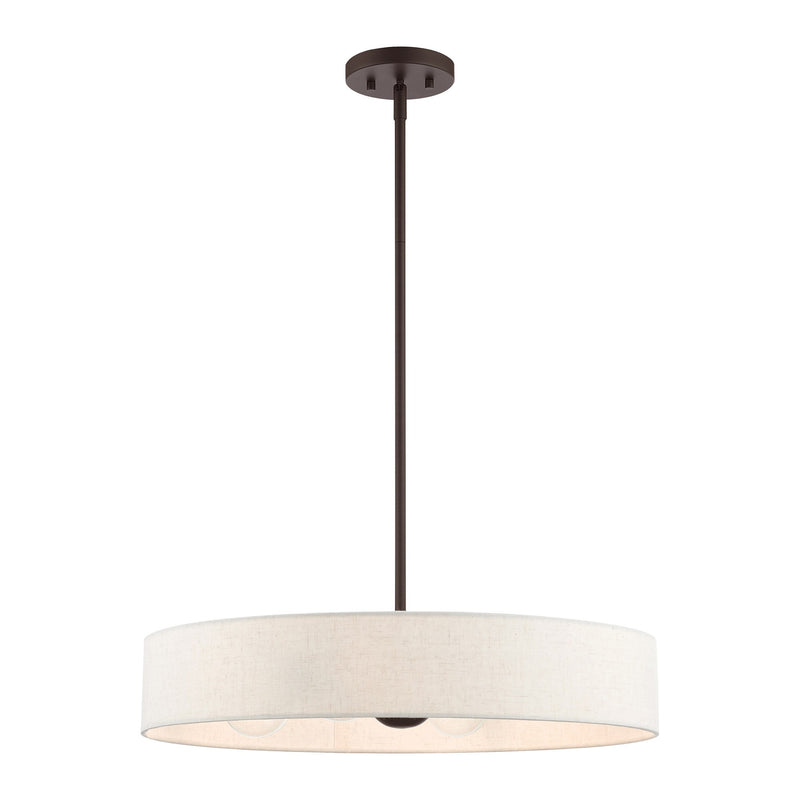 Venlo 4-Light Drum Pendant with Oatmeal Shade in Bronze with Antique Brass Accents