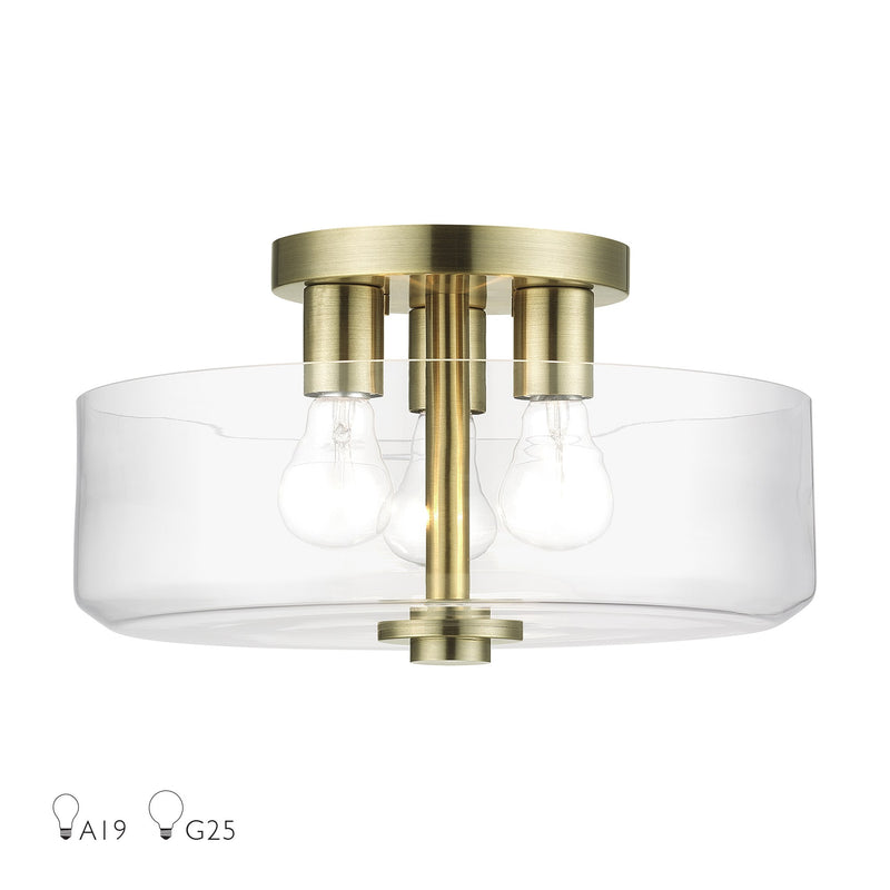 Whitworth 3-Light Semi-Flush Mount in Antique Brass