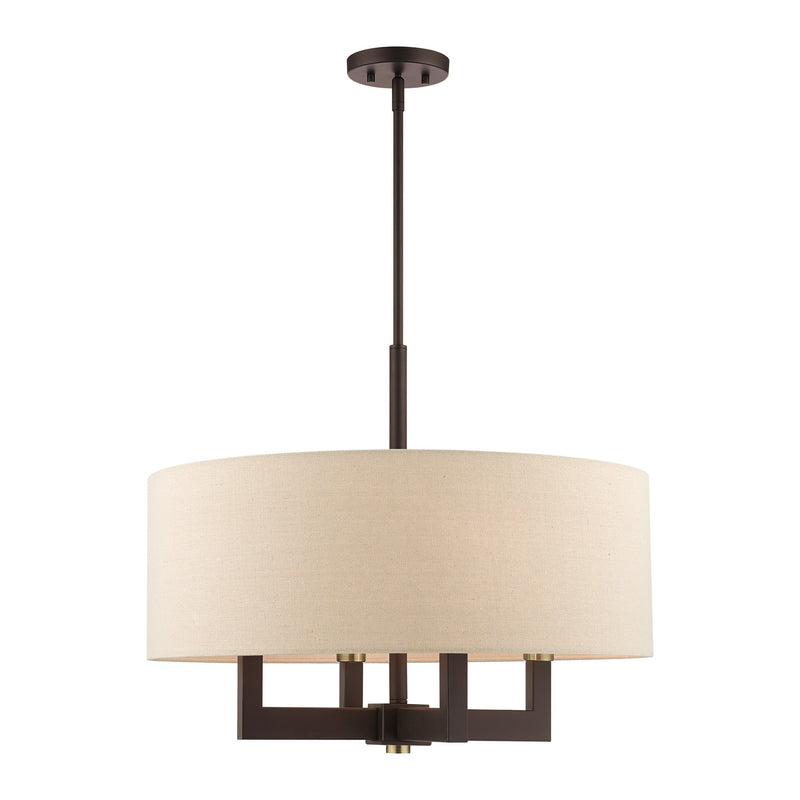 Cresthaven 4-Light Chandelier with Parchment Linen Shade in Bronze with Antique Brass Accents