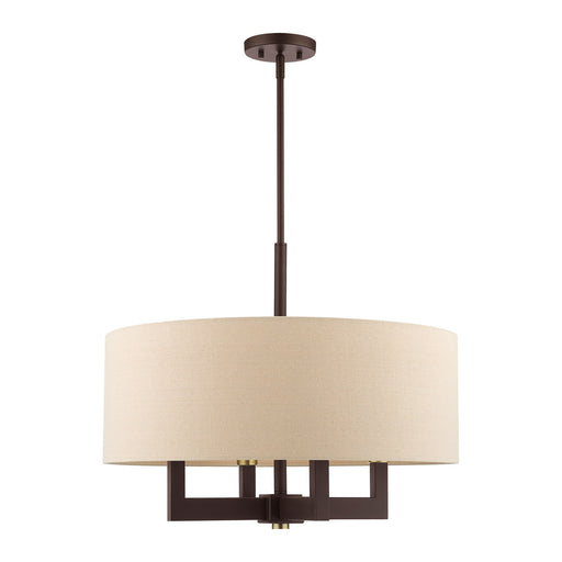 Cresthaven 4-Light Chandelier with Parchment Linen Shade in Bronze with Antique Brass Accents