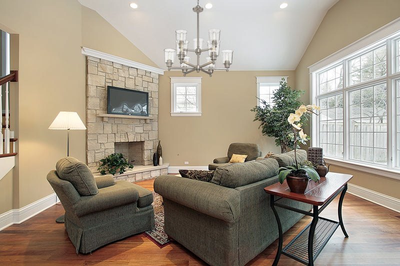 Bohin 9 Light 28" Chandelier in Brushed Nickel in a room setting