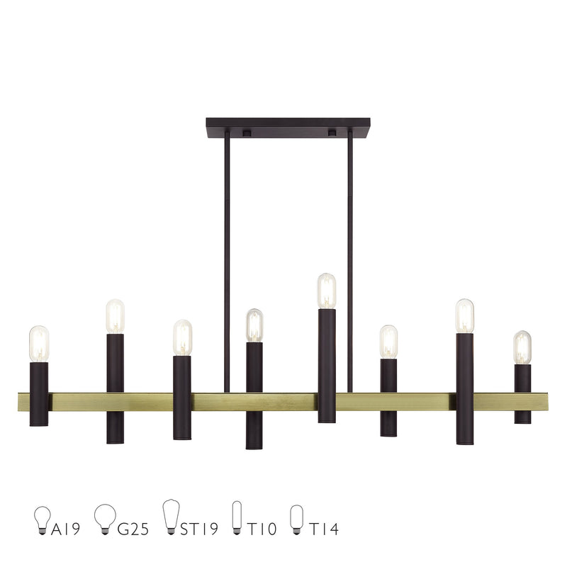 Helsinki 8-Light Linear Chandelier in Bronze with Antique Brass Accents