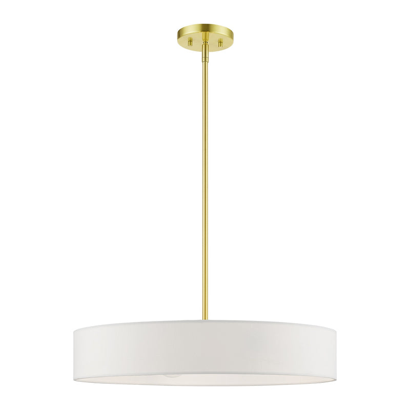 Venlo 4-Light Drum Pendant with Off-White Shade in Satin Brass with Shiny White Accents