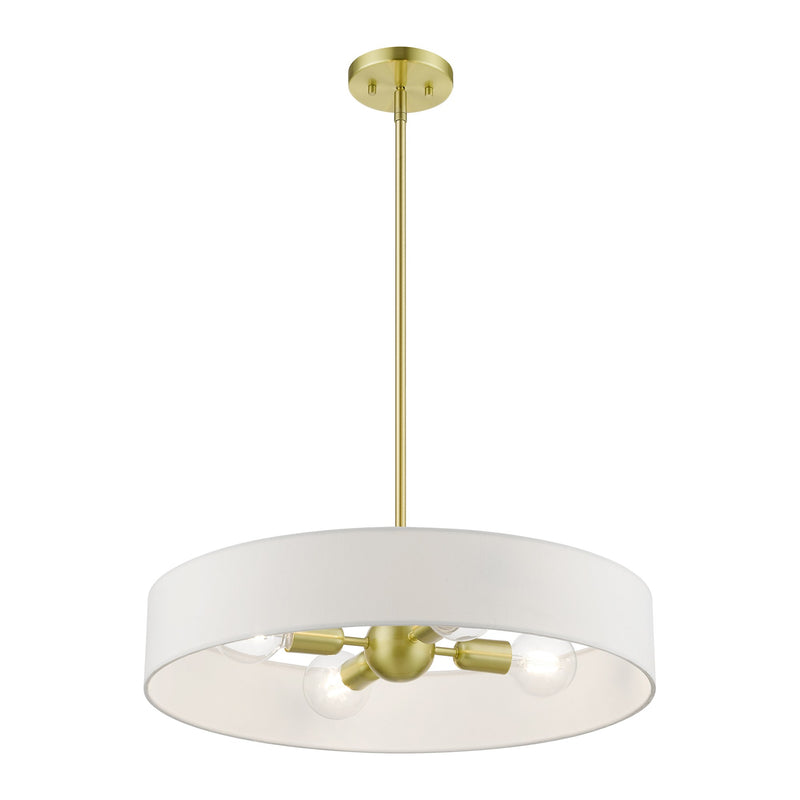 Venlo 4-Light Drum Pendant with Off-White Shade in Satin Brass with Shiny White Accents