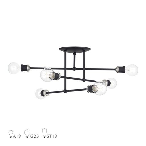 Delacroix 6-Light Semi-Flush Mount in Black with Brushed Nickel Accents