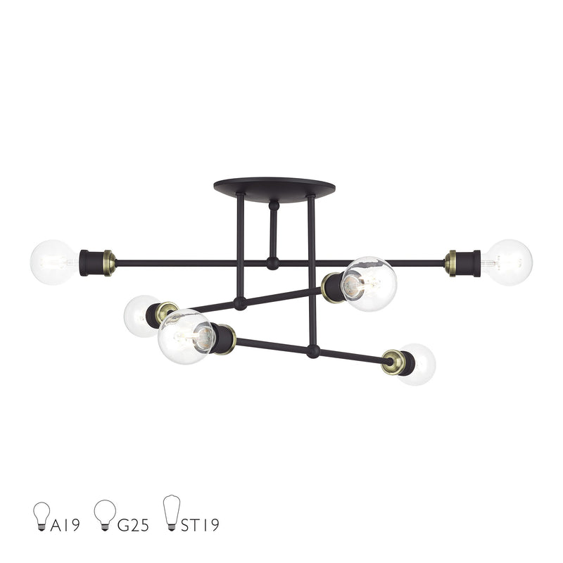 Delacroix 6-Light Semi-Flush Mount in Bronze with Antique Brass Accents