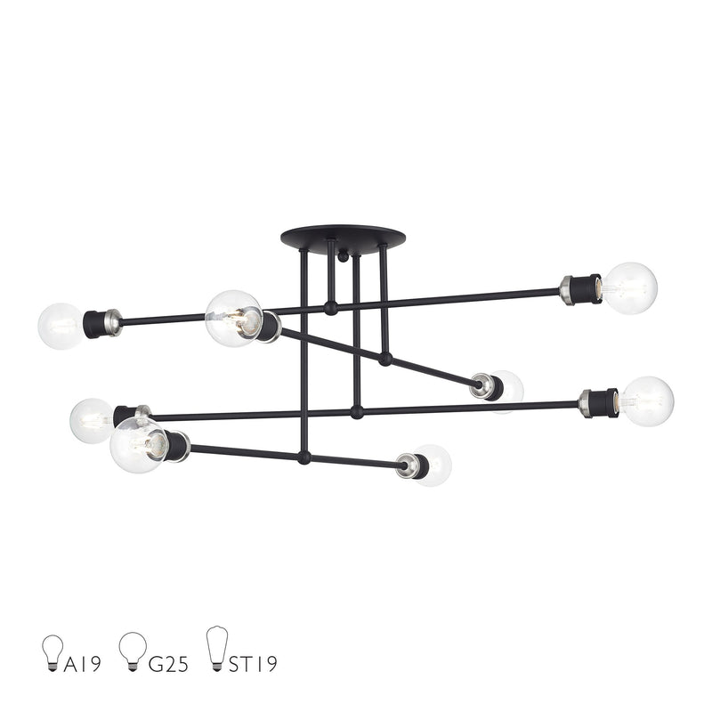 Delacroix 8-Light Semi-Flush Mount in Black with Brushed Nickel Accents