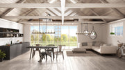 Kirkland 9 Light 56" Linear Pendant in Rustic Mahogany in a room setting