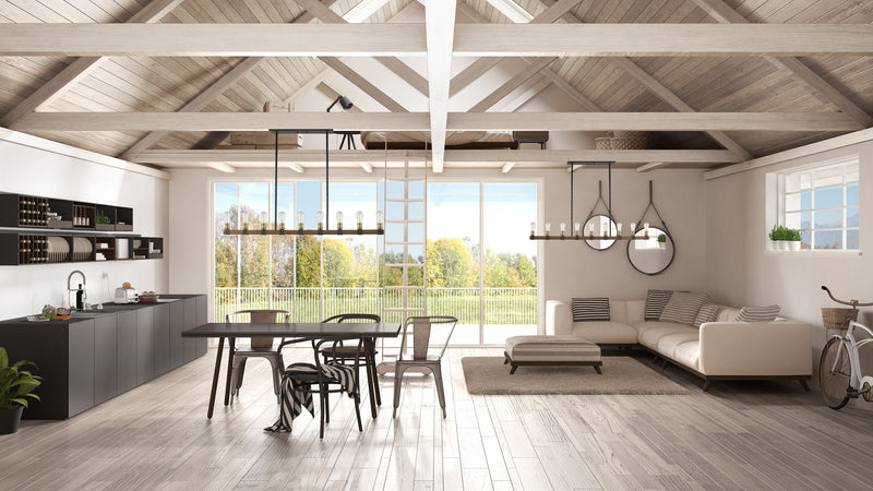 Kirkland 9 Light 56" Linear Pendant in Rustic Mahogany in a room setting