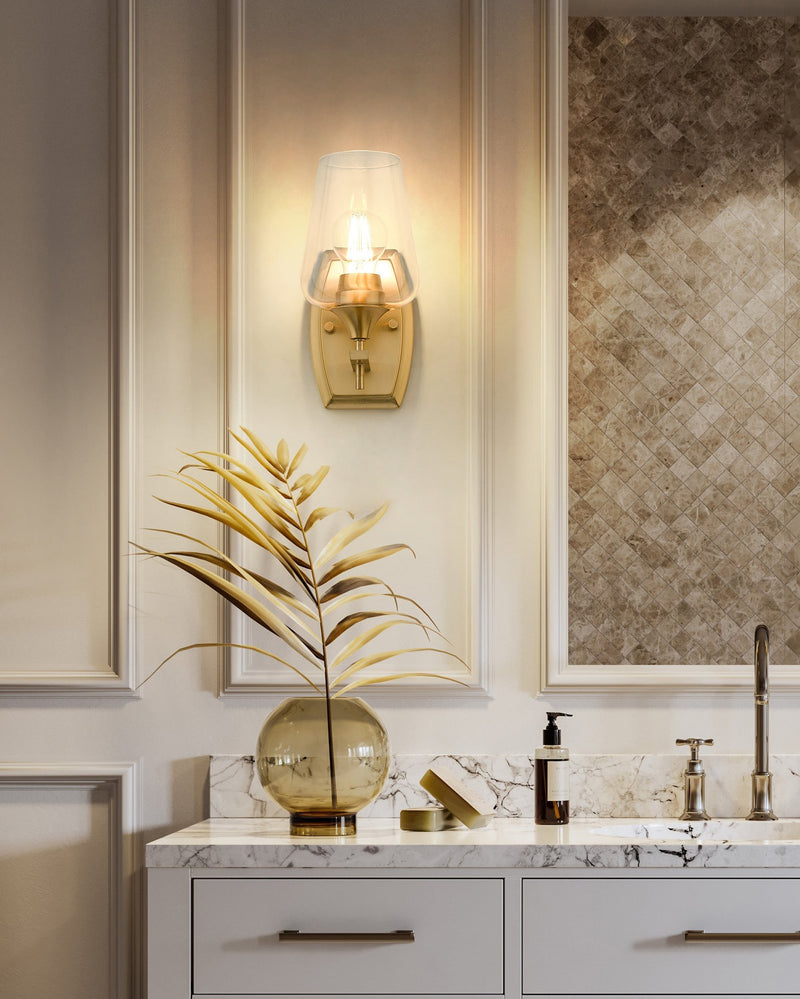 Joliet 1 Light 5" Wall Sconce in Burnished Brass in a room setting