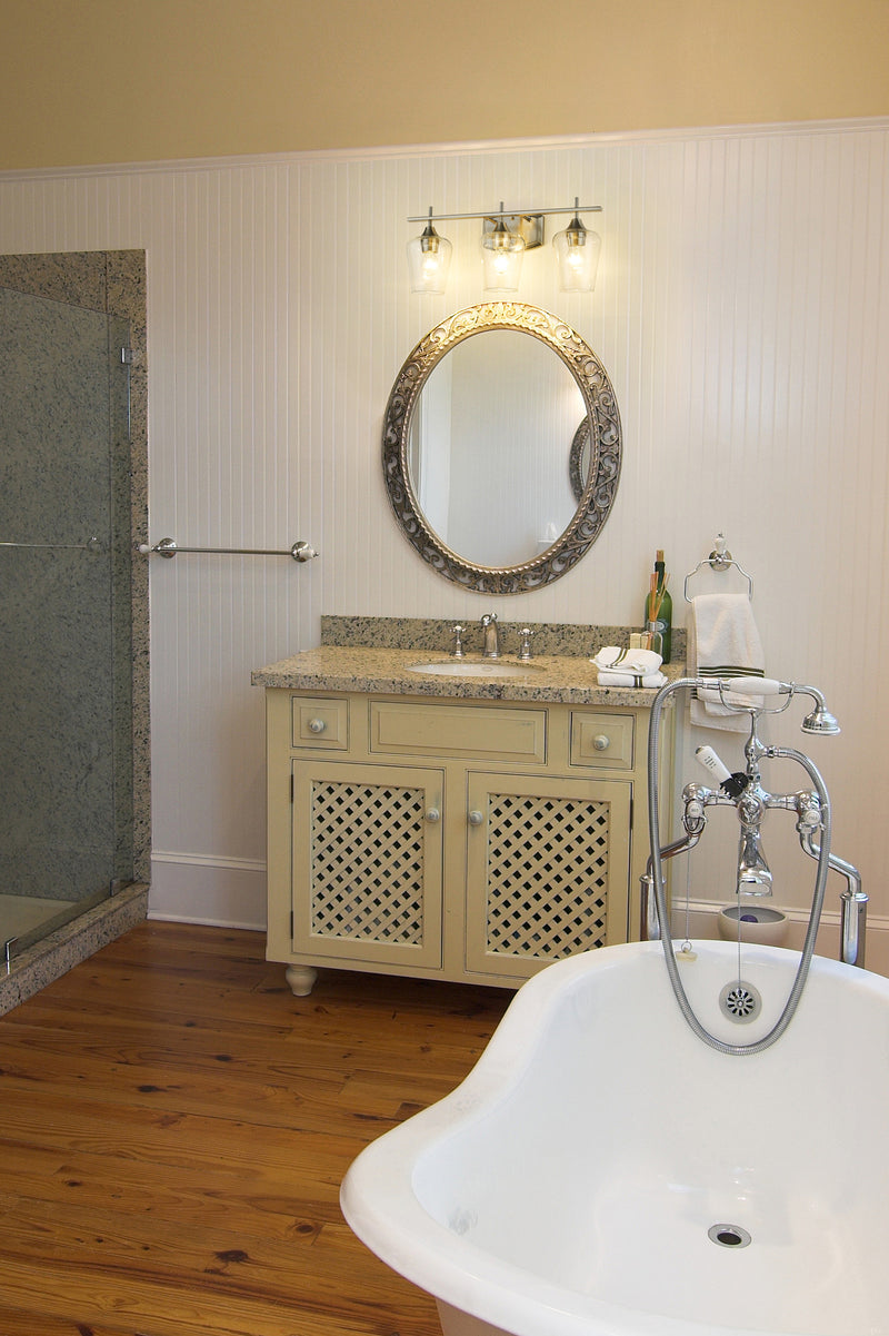 Joliet 3 Light Vanity in Brushed Nickel in a room setting