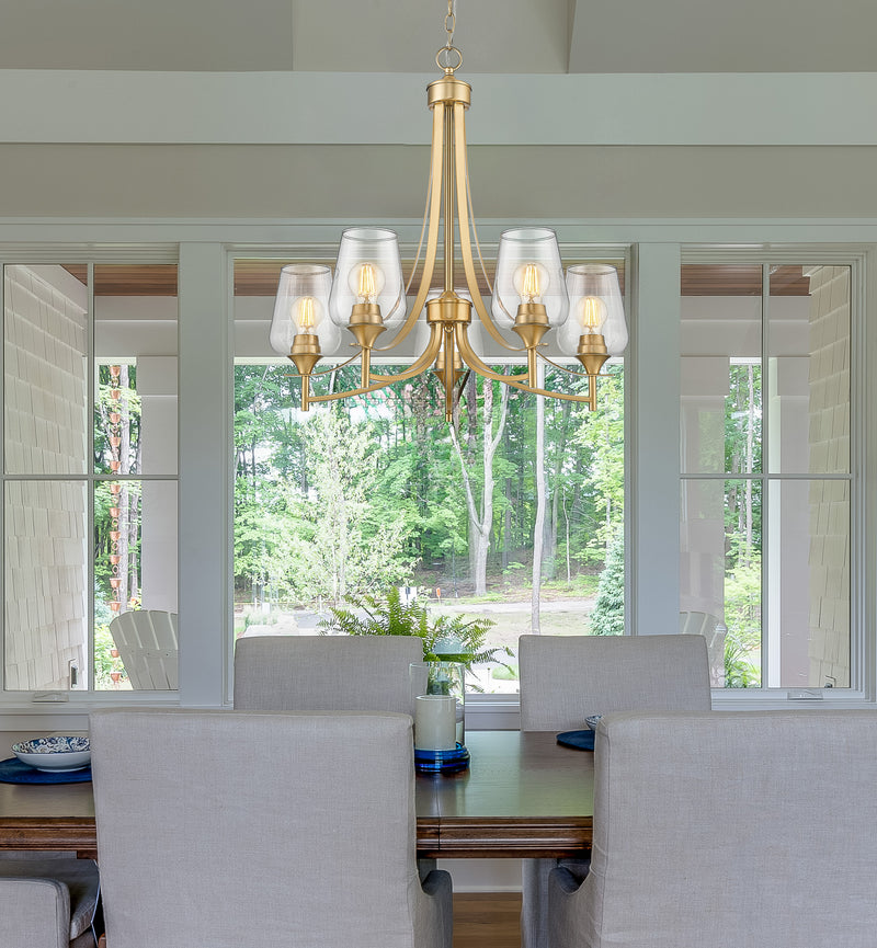 Joliet 5 Light 25" Chandelier in Burnished Brass in a room setting