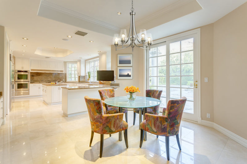 Joliet 5 Light 25" Chandelier in Brushed Nickel in a room setting