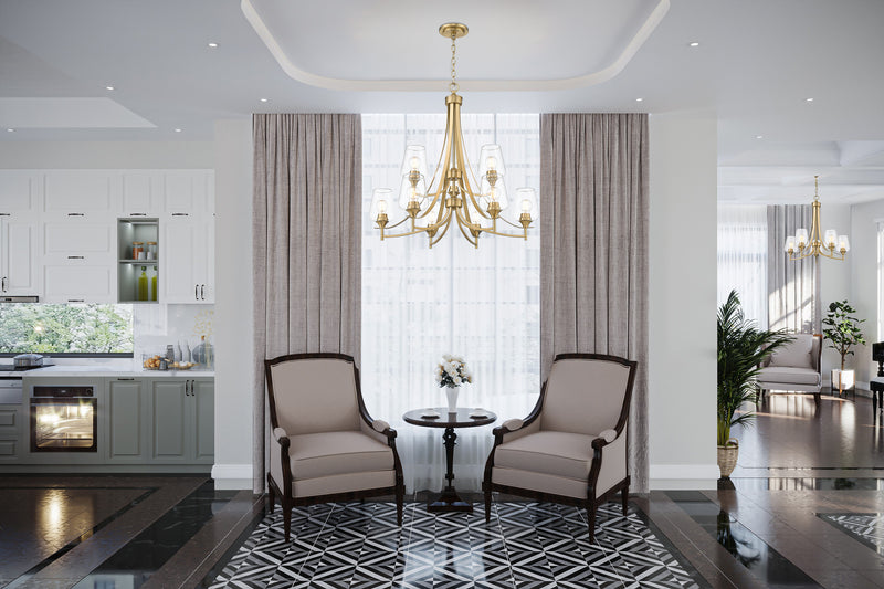 Joliet 9 Light 31" Chandelier in Burnished Brass in a room setting