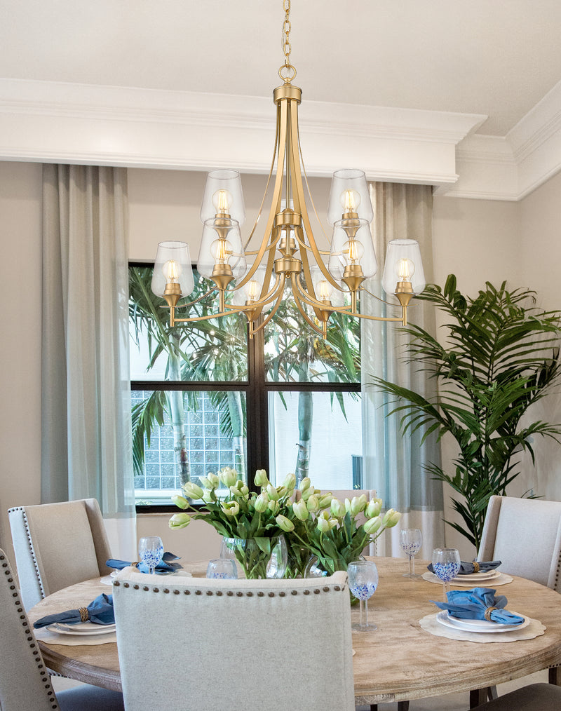 Joliet 9 Light 31" Chandelier in Burnished Brass in a room setting