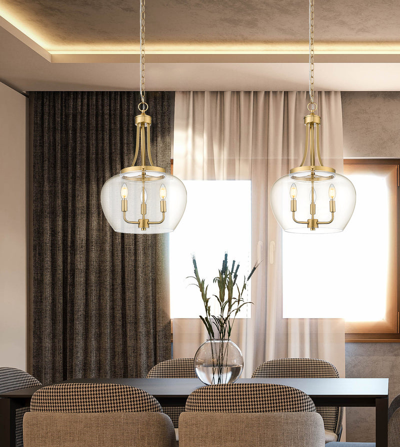 Joliet 3 Light 15.75" Pendant in Burnished Brass in a room setting