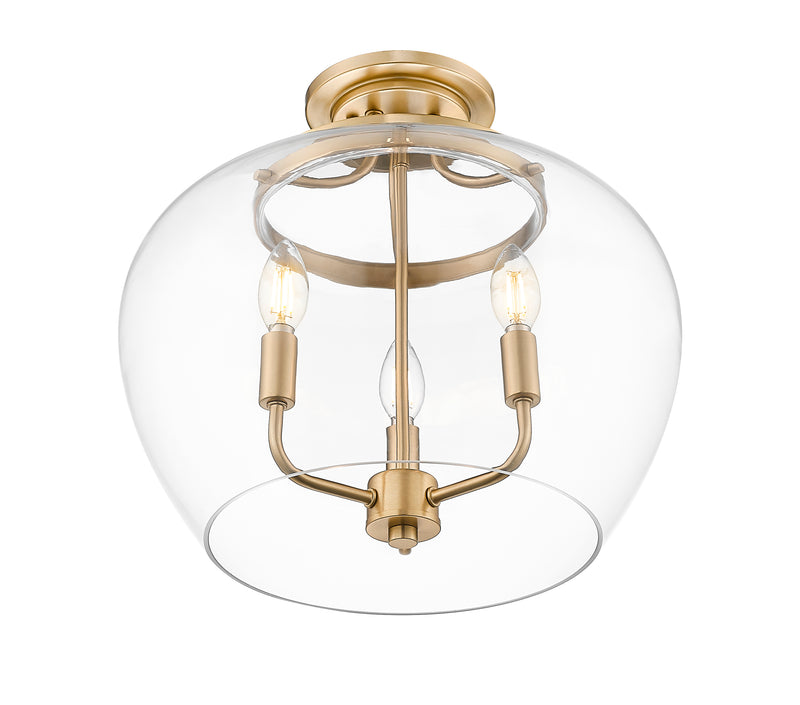 Joliet 3 Light 15.75" Semi Flush Mount in Burnished Brass
