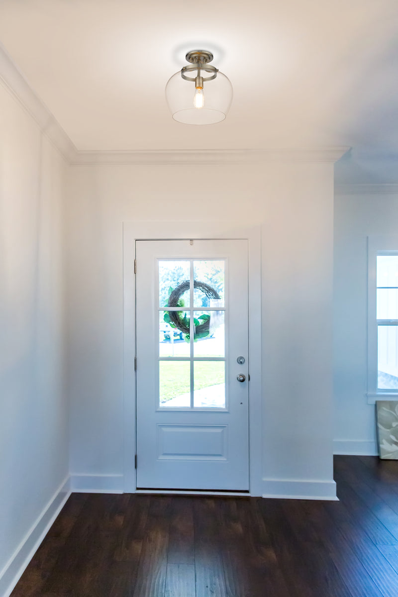 Joliet 1 Light 13" Semi Flush Mount in Brushed Nickel in a room setting