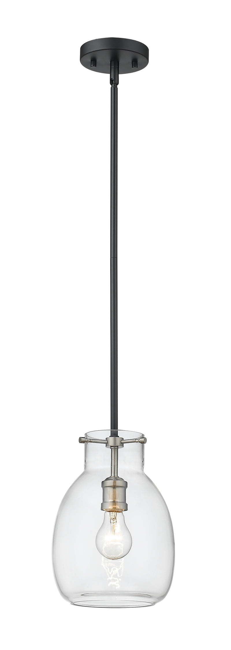 Bella 1 Light 8" Pendant, Rod Mount in Matte Black + Brushed Nickel
