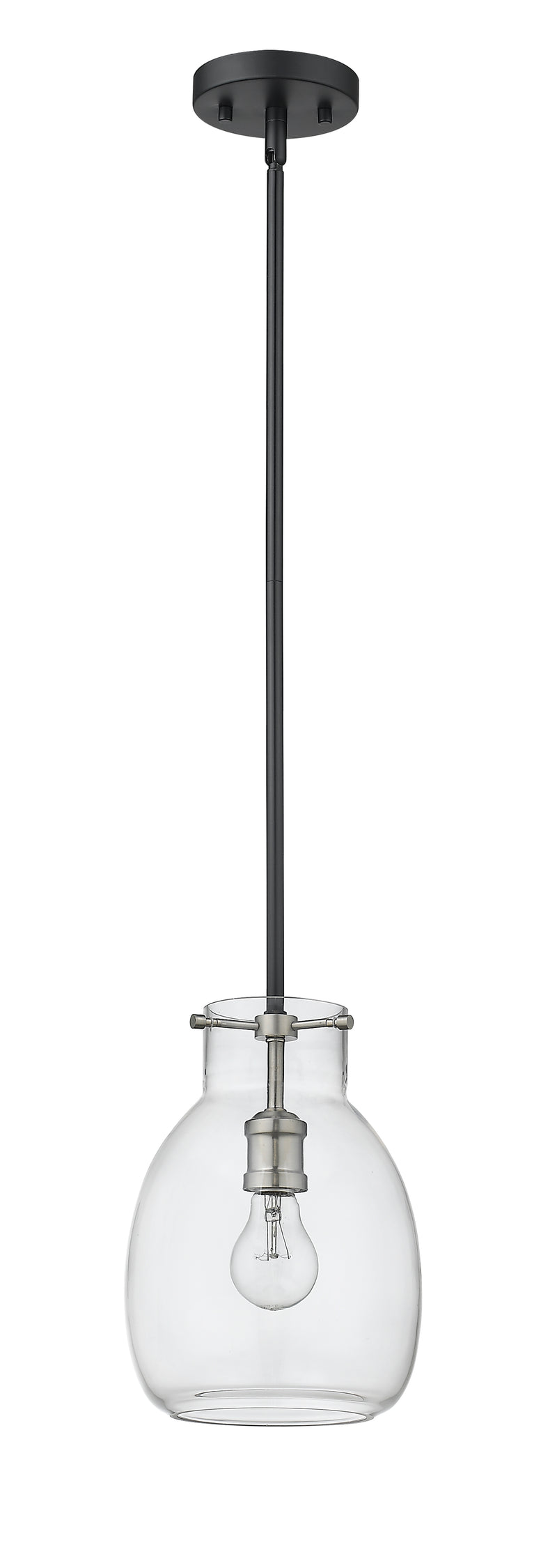 Bella 1 Light 8" Pendant, Rod Mount in Matte Black + Brushed Nickel