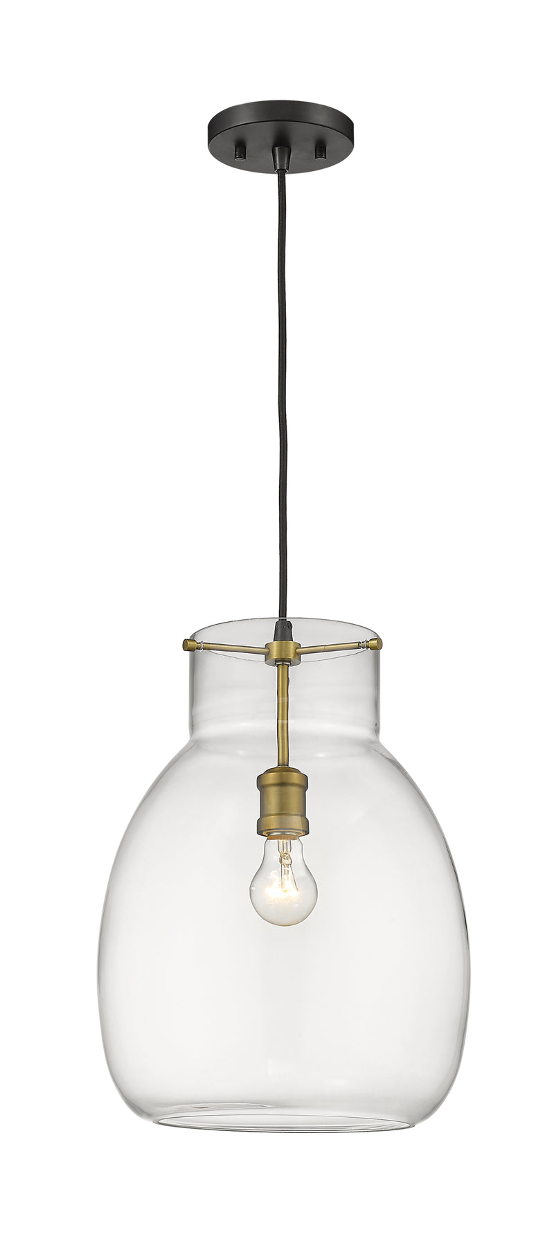 Bella 1 Light 12" Pendant, Matte Black + Olde Brass, 16.5" Tall in Matte Black + Olde Brass