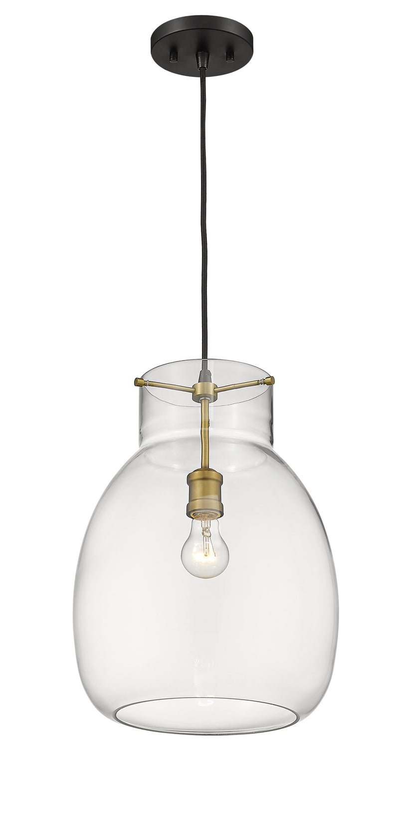 Bella 1 Light 12" Pendant, Matte Black + Olde Brass, 16.5" Tall in Matte Black + Olde Brass