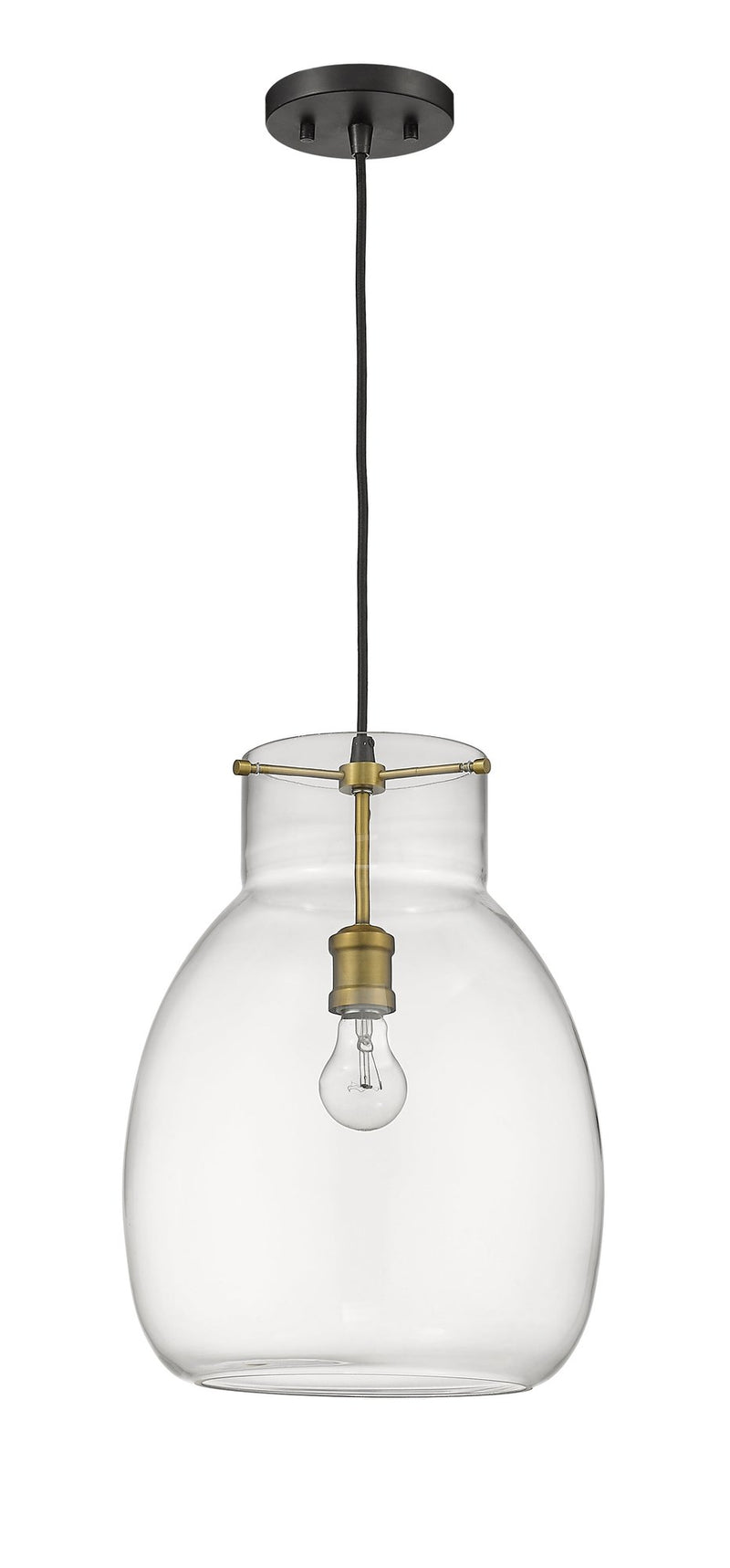 Bella 1 Light 12" Pendant, Matte Black + Olde Brass, 16.5" Tall in Matte Black + Olde Brass