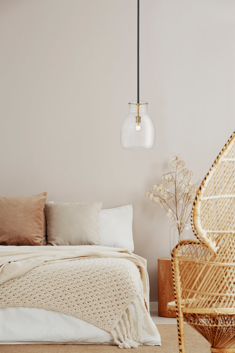 Bella 1 Light 12" Pendant, Matte Black + Olde Brass, 16" Tall in Matte Black + Olde Brass in a room setting