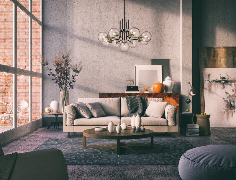 Parsons 9 Light 32" Chandelier in Matte Black + Brushed Nickel in a room setting