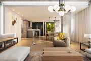 Parsons 9 Light 32" Chandelier in Matte Black + Olde Brass in a room setting