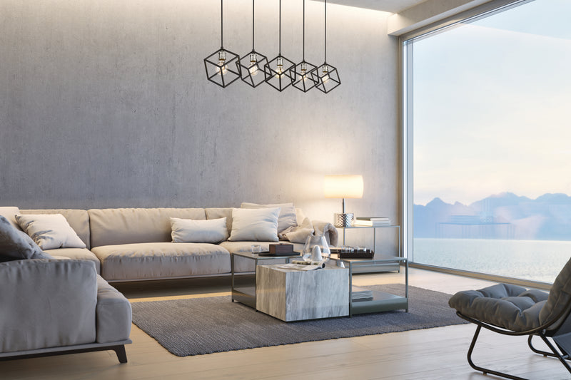 Vertical 5 Light 20.5" Pendant in Matte Black + Brushed Nickel in a room setting
