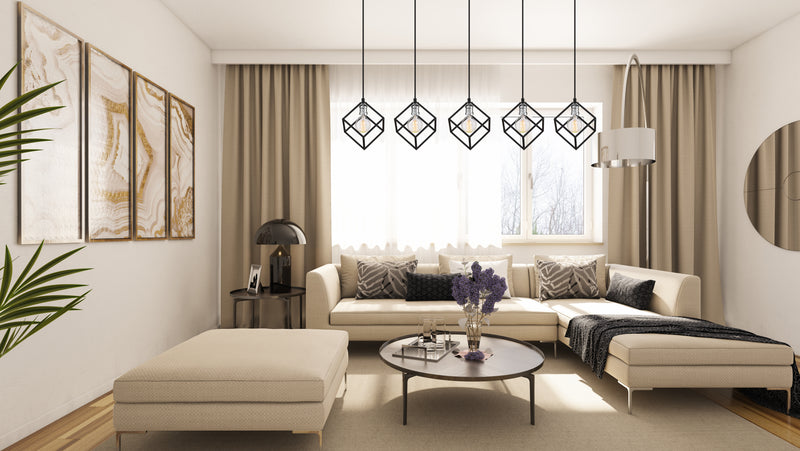 Vertical 5 Light 20.5" Pendant in Matte Black + Brushed Nickel in a room setting