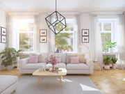 Vertical 4 Light 34" Pendant in Matte Black + Brushed Nickel in a room setting