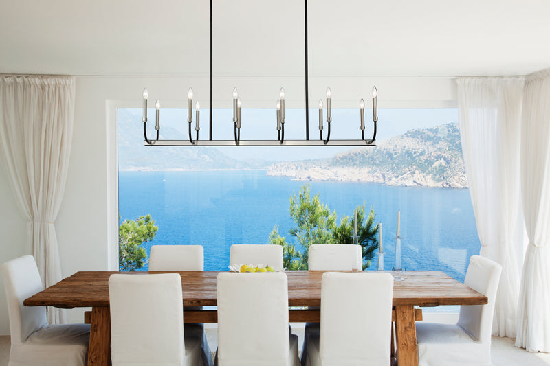 Haylie 12 Light 56" Linear Pendant in Matte Black + Brushed Nickel in a room setting