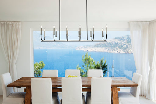 Haylie 12 Light 56" Linear Pendant in Matte Black + Brushed Nickel in a room setting