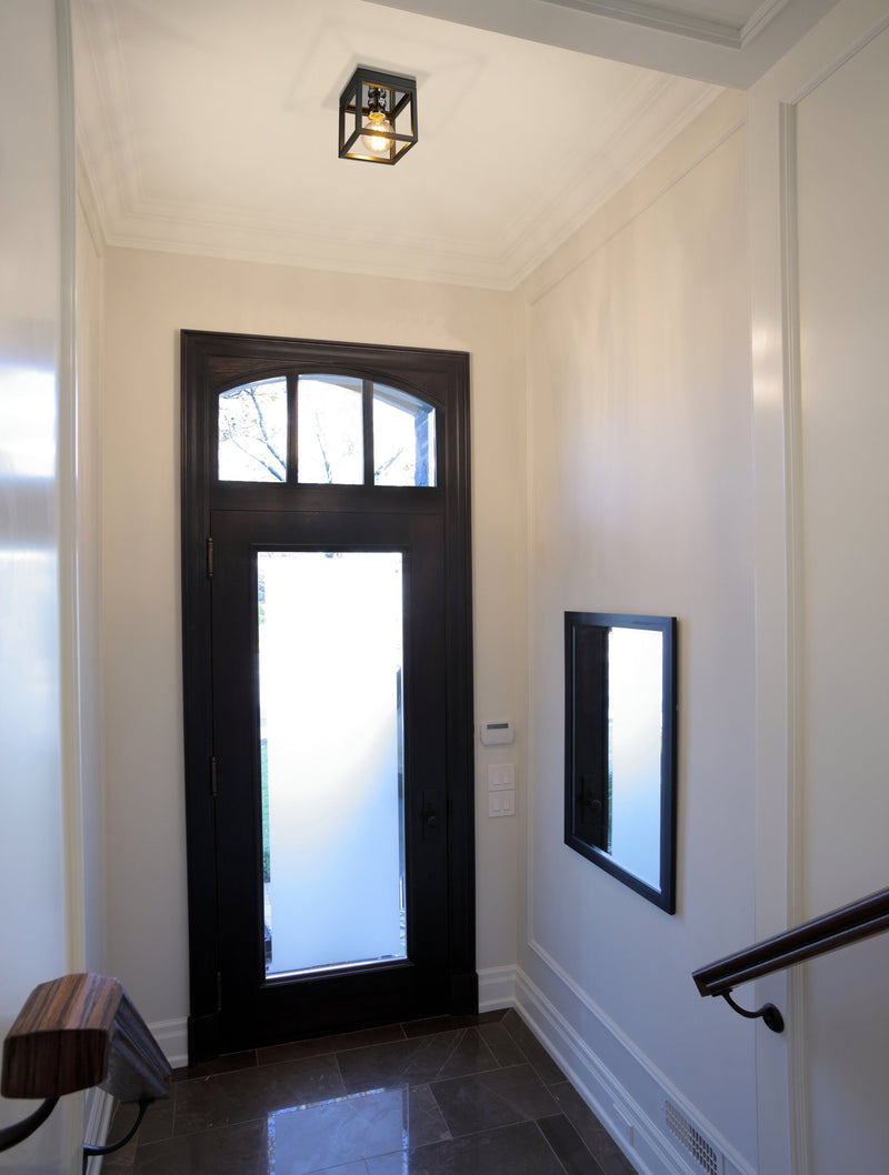 Kube 1 Light 5.75" Flush Mount in Matte Black + Chrome in a room setting
