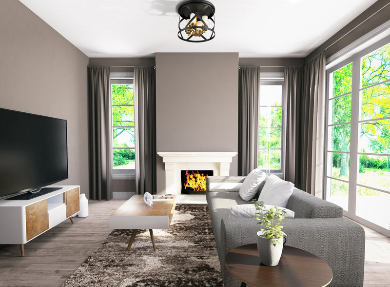 Malcalester 4 Light 15.75" Flush Mount in Matte Black + Olde Brass in a room setting