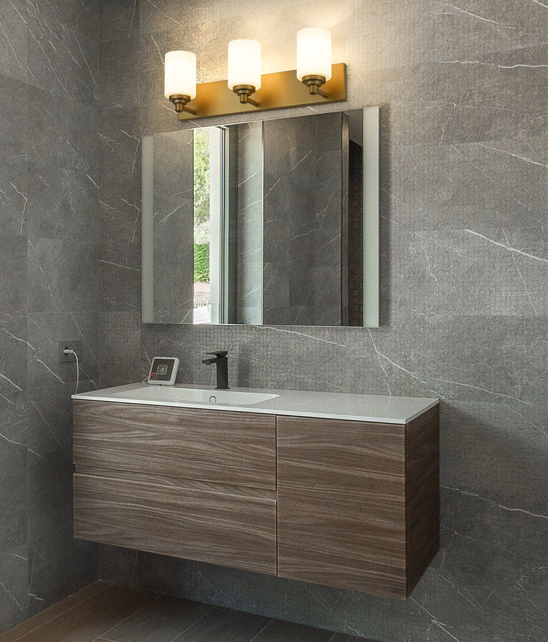 Soledad 3 Light 23" Vanity in Brushed Gold in a room setting