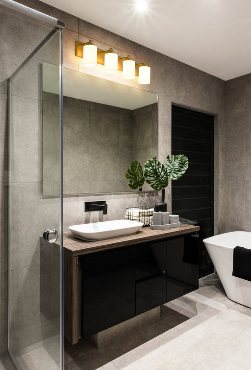 Soledad 4 Light 31.5" Vanity in Brushed Gold in a room setting