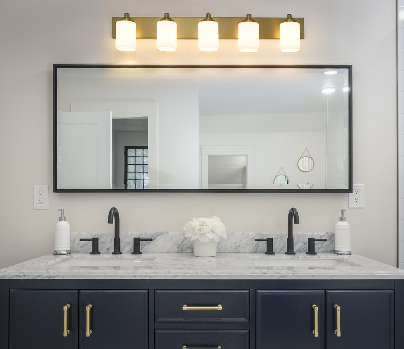 Soledad 5 Light 38.75" Vanity in Brushed Gold in a room setting