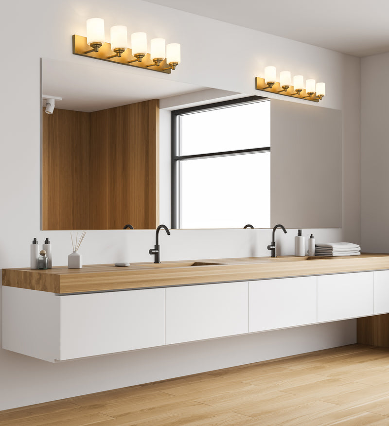 Soledad 5 Light 38.75" Vanity in Brushed Gold in a room setting