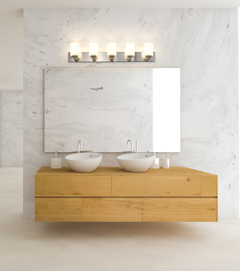 Soledad 5 Light 38.75" Vanity in Brushed Nickel in a room setting