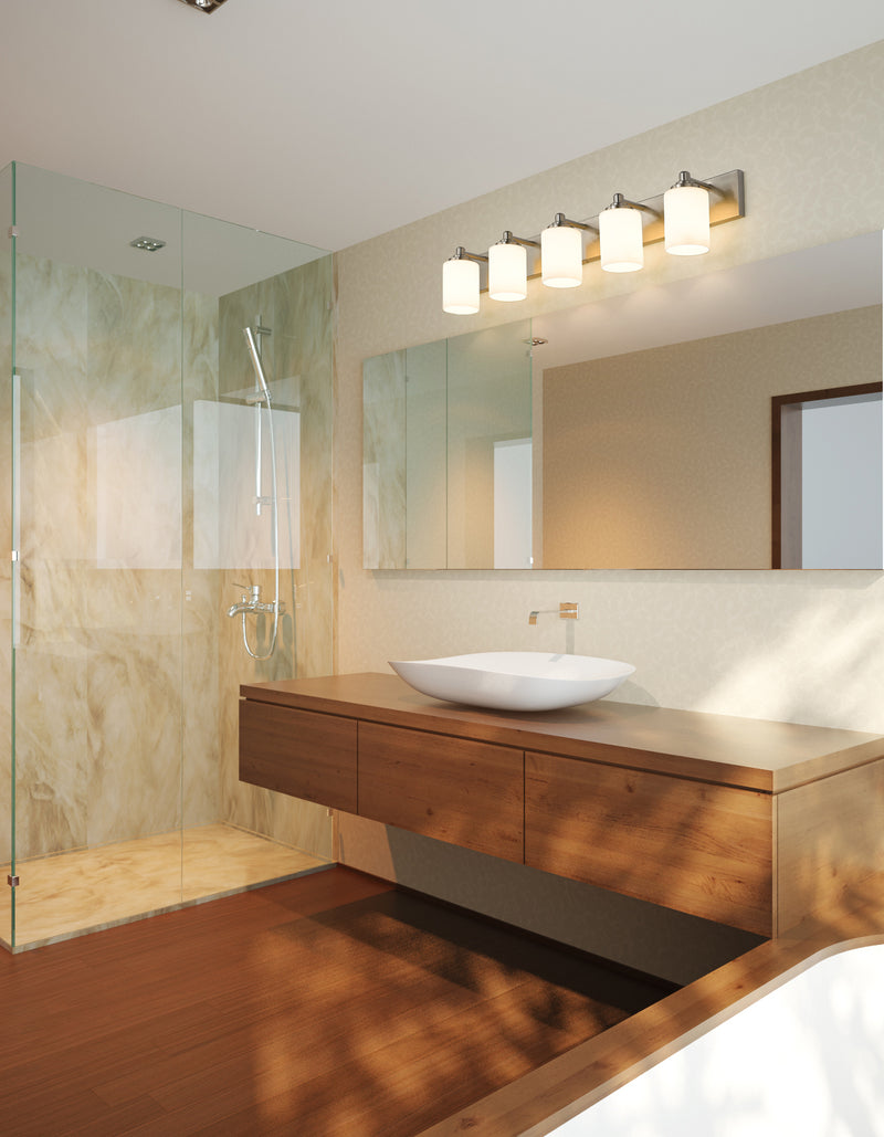 Soledad 5 Light 38.75" Vanity in Brushed Nickel in a room setting