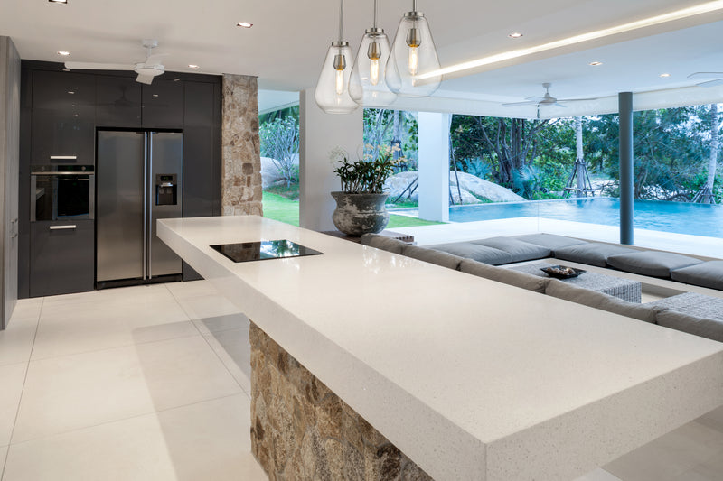 Ayra 3 Light 36" Linear Pendant in Brushed Nickel in a room setting