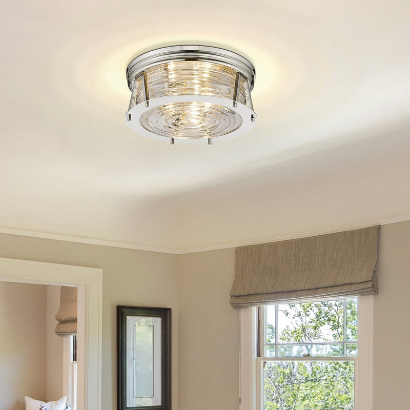 Cape Harbor 3 Light 16" Flush Mount in Polished Nickel in a room setting