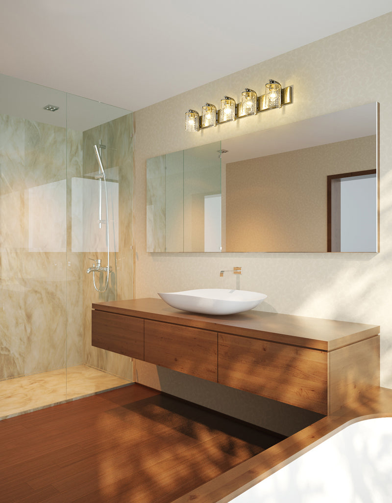 Beckett 5 Light 42" Vanity in Brushed Nickel in a room setting